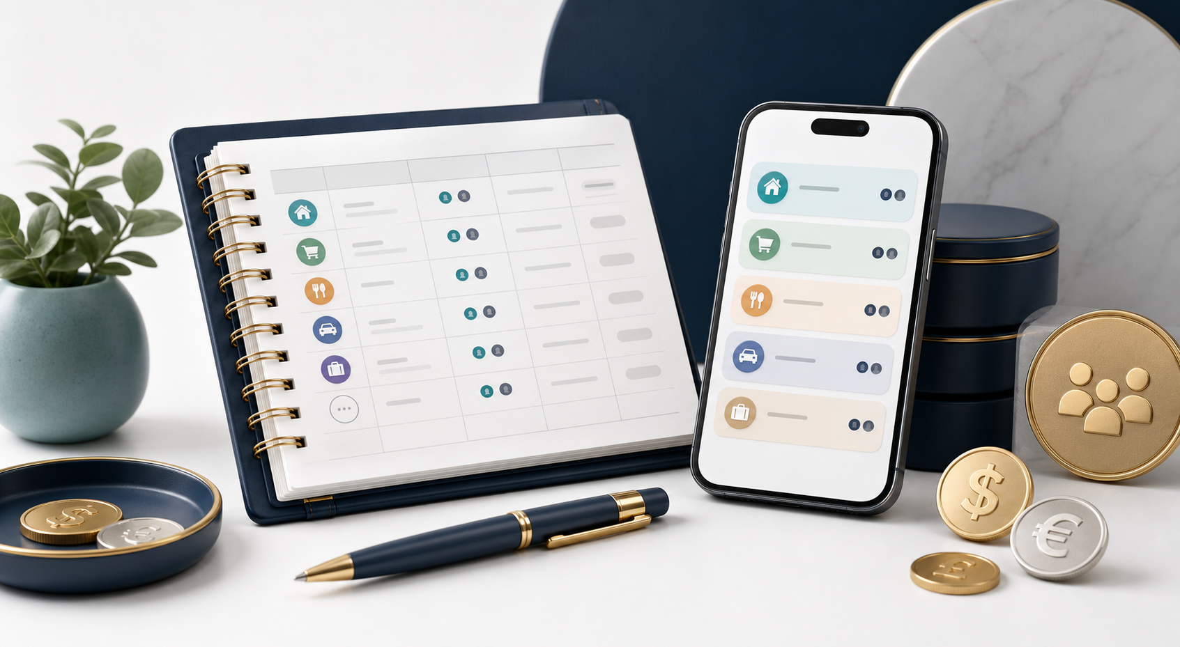 Notepad, phone, and coins representing shared expense tracking